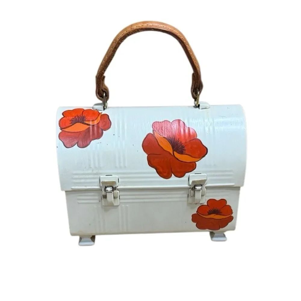 70s Vintage Aladdin Industries Painted FloralโLunchbox purse cream